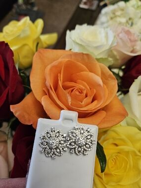 Sparkling Silver Floral Cluster Stud Earrings - Silver